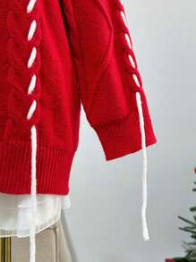 Flirla 大码圣诞节宽松别致蝴蝶结圆领毛衣，时尚显瘦，秋冬针织套头衫 - 紅色 - 查看 3