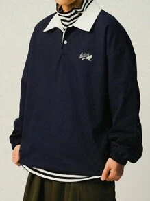 DAZY Camisa polo con bloqueo de color y bordado de letras para hombres, para otoño