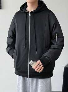 Claim Dot 男士休闲日常宽松拉链抽绳连帽夹克，秋季 - 黑色 - 查看 3