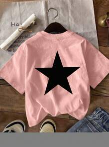 SHEIN EZwear Áo thun ngắn tay cổ tròn in hình ngôi sao năm cánh và chữ cái tiếng Anh tối giản, thích hợp cho mùa hè - Nhiều màu - Xem 3