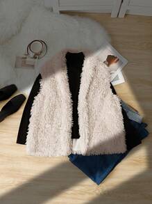 Elaquor Plus Size Open Front Fashionable Sleeveless Casual Elegant Fluffy Jacket - Apricot - View 6