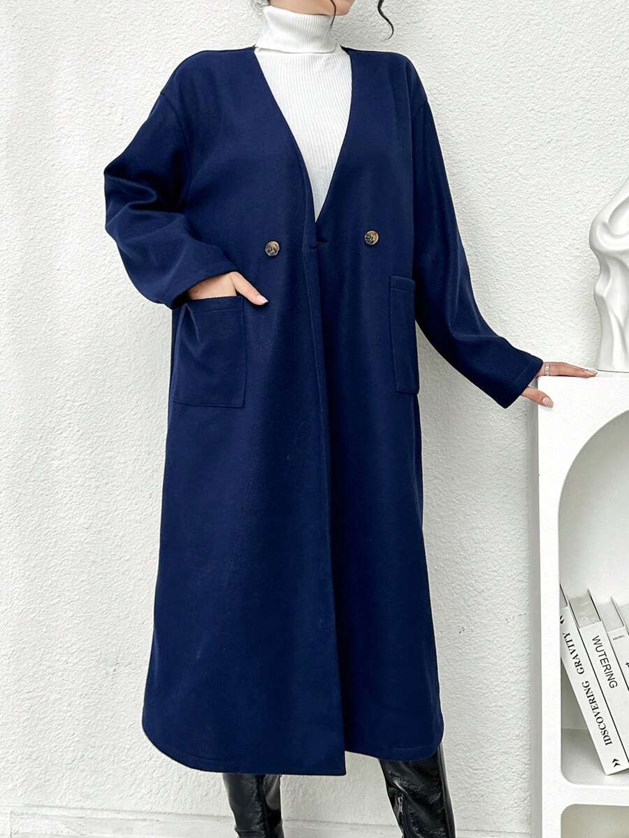 Modelyn Plain Color Loose Fit Blazer With Double Pockets, Casual For Autumn/Winter Fall Cloth For Women - Navy Blue - View 1
