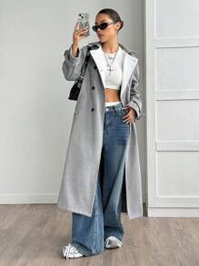SHEIN Unity 女士休闲百搭拼色超长仿羊绒大衣，灰色 - 灰色 - 查看 1
