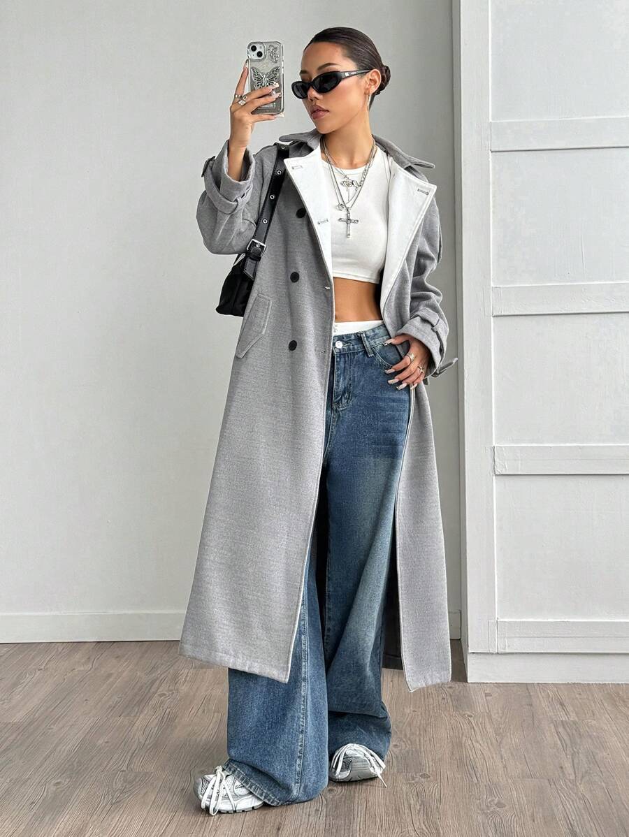 SHEIN Unity 女士休闲百搭拼色超长仿羊绒大衣,灰色 - 灰色 - 查看 1