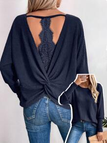 EMERY ROSE Textured Lace Splice Hollow Back Casual T-Shirt, Versatile - Navy Blue - View 1