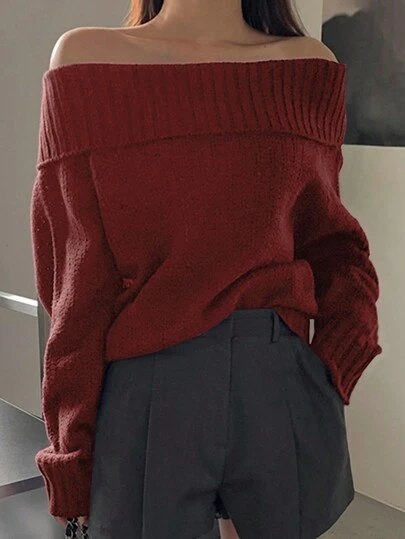 DAZY 1 pieza Suéter para mujer de hombros descubiertos, ajuste ceñido, unicolor elegante, otoño/invierno