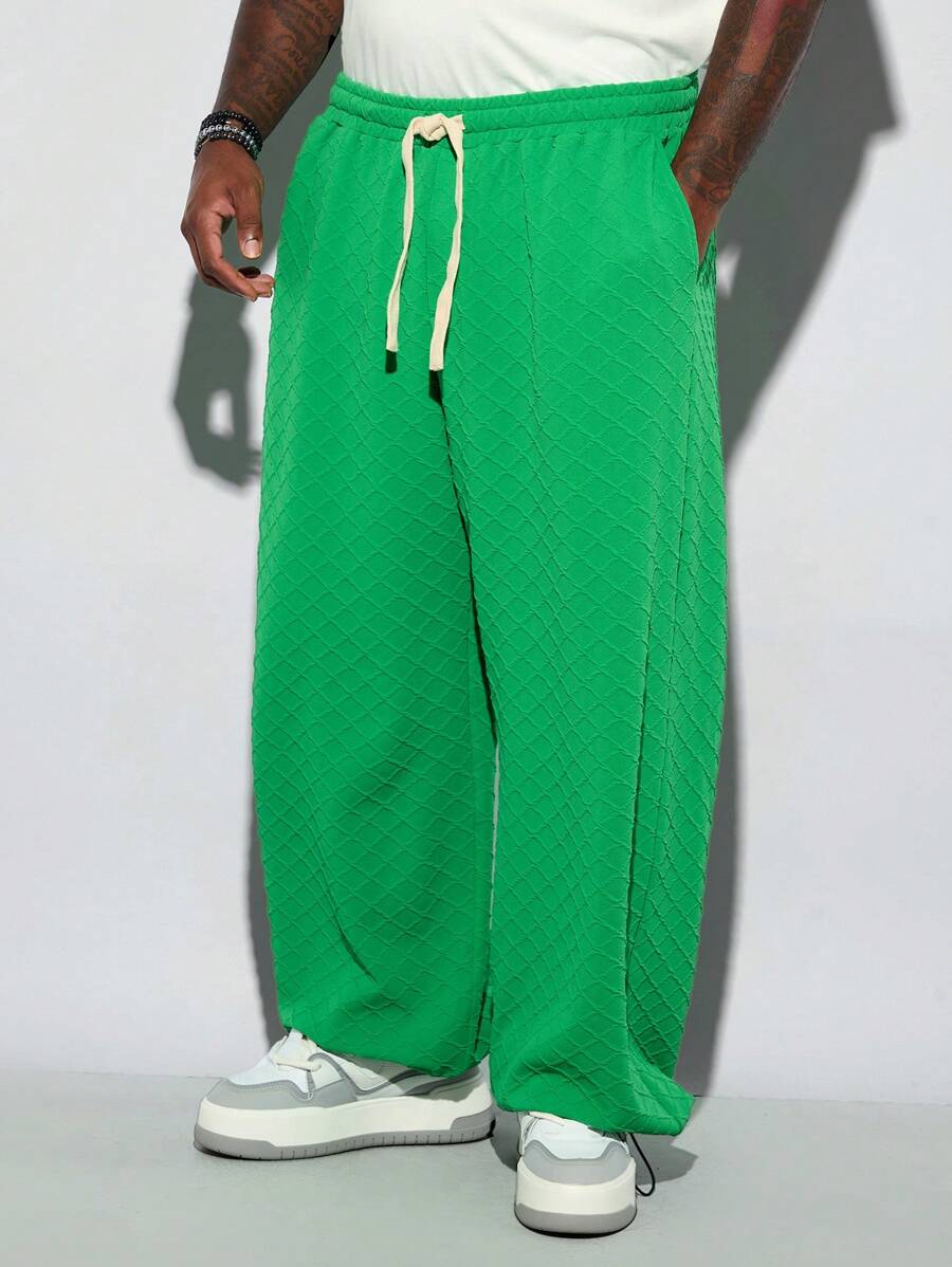 Manfinity NXTstreet Pantalón de chándal holgado con patrón de rombos tejido para hombre de talla grande, pantalón de chándal verde de moda para salir, liso y ancho con cordón, regalo para esposo o novio