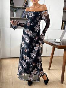 SHEIN Maternity Romantic Summer Beach Elegant Sexy Floral Off Shoulder Long Dress, Date Night Dress, Suitable For Daily, Commuting, Holiday - Black - View 6