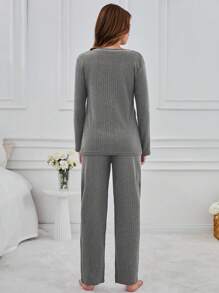 RueChic 100% Cotton 2Pcs  Slogan Injection Printed Shirt And Lounge Bottom Homewear Lounge Set - Grey - View 2