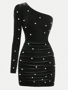 SHEIN Girlism 少女黑色斜肩长袖天鹅绒铆钉修身短款鸡尾酒会连衣裙 - 黑色 - 查看 4