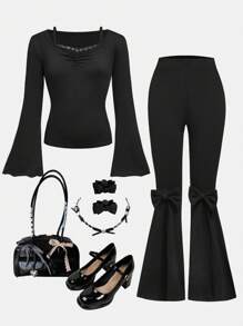 SHEIN 2 件套 Tween 女童针织紧身秋冬套装 - 紧身喇叭袖蕾丝褶皱上衣，带蝴蝶结装饰的针织喇叭裤，休闲优雅时尚 Tween 女童装 - 黑色 - 查看 1