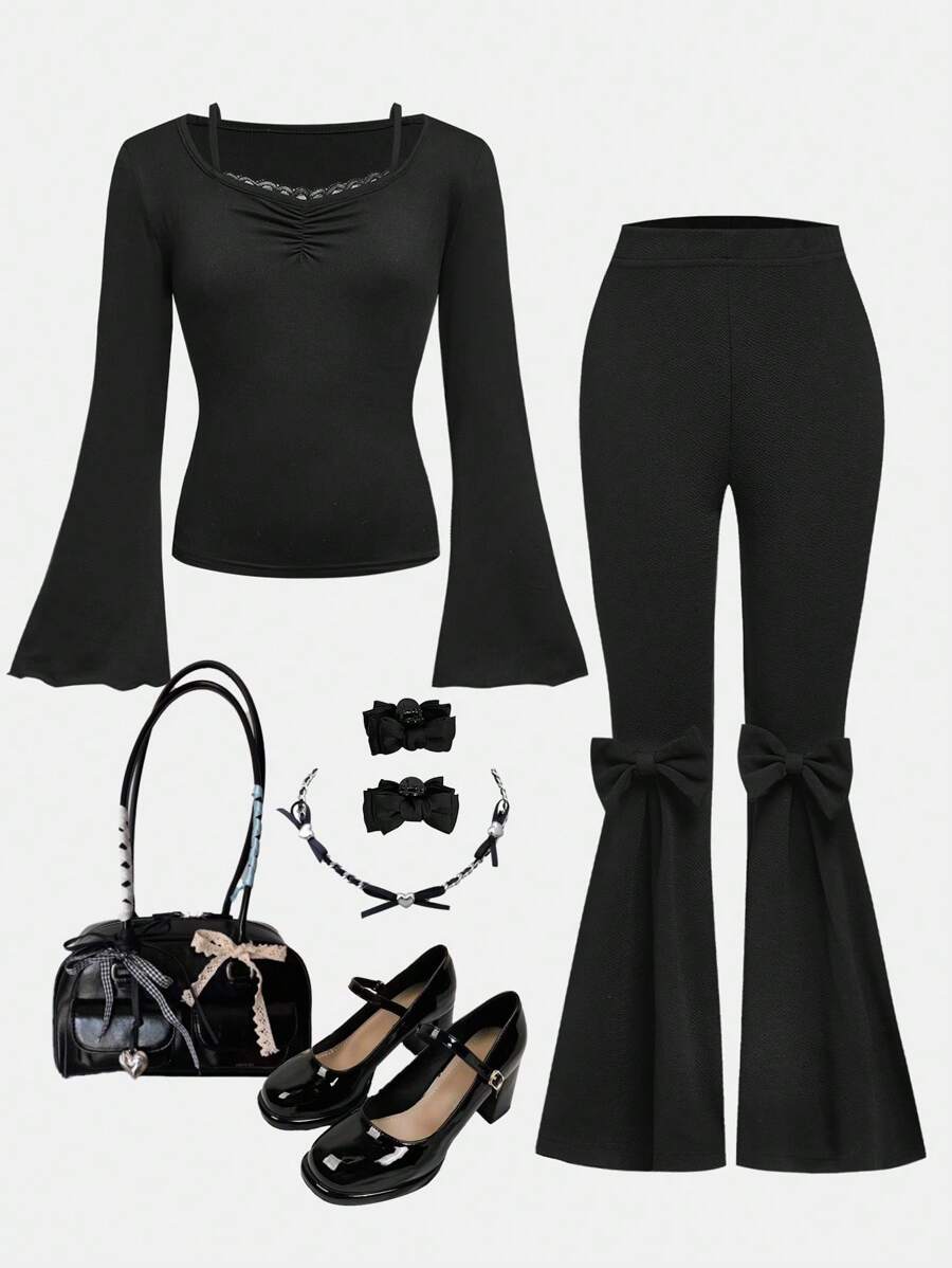 SHEIN 2 件套 Tween 女童针织紧身秋冬套装 - 紧身喇叭袖蕾丝褶皱上衣，带蝴蝶结装饰的针织喇叭裤，休闲优雅时尚 Tween 女童装 - 黑色 - 查看 1