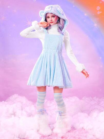 ROMWE X Care Bears Robe mini mignonne à motif d'ours de dessin animé brodé, avec des oreilles 3D soyeuses pour femmes