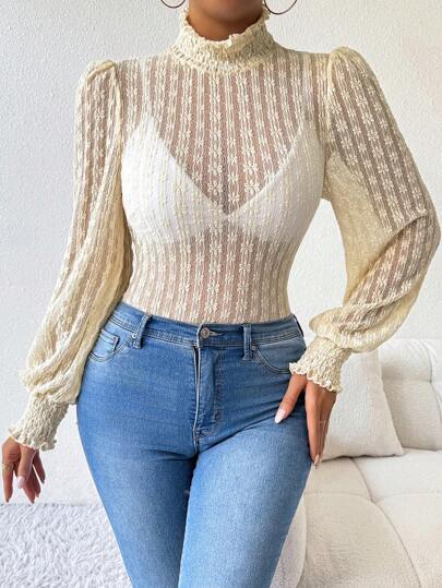 Chiquease Women's Solid Color See-Through Lace Stand Collar Long Sleeve Top