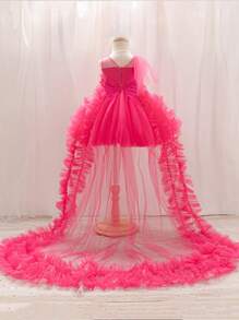 Glamorique Kids 年轻女孩圣诞派对穿圣诞老人礼服、新年礼服、四季选美礼服、无袖薄纱泡泡纱舞会礼服、圣诞紫红色网状拖尾公主裙 - 紅色 - 查看 2