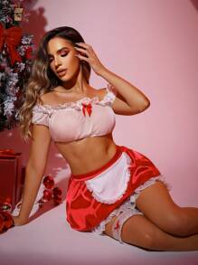 4 件套女士圣诞内衣服装套装，性感角色扮演服装 - 紅白色 - 查看 5