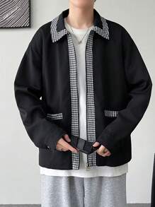 Claim Dot Men's Autumn Patchwork Houndstooth Drop Shoulder Zip Front Casual Shacket - Multicolor - View 1