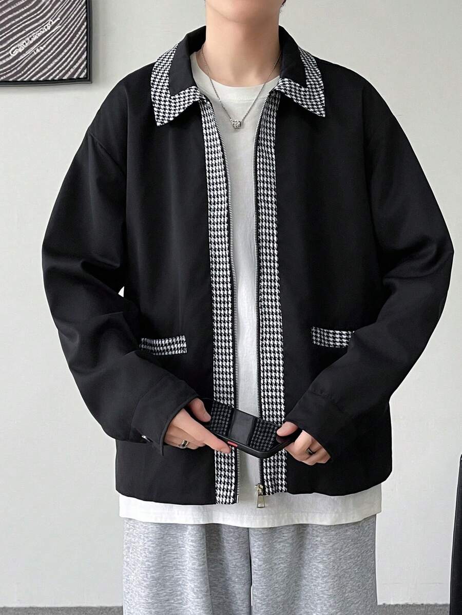 Claim Dot Men's Autumn Patchwork Houndstooth Drop Shoulder Zip Front Casual Shacket - Multicolor - View 1