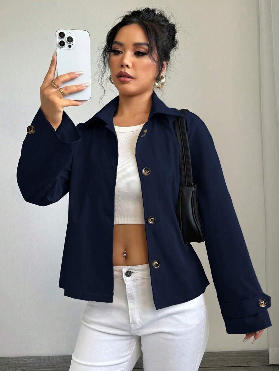 Chiquease 女士休闲宽松直筒短款飞行员夹克 - 藏蓝色 - 查看 1