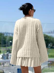 EURMUSE Pleated Skirt And Rib Pattern Sweater 2 Pcs Set - Beige - View 2
