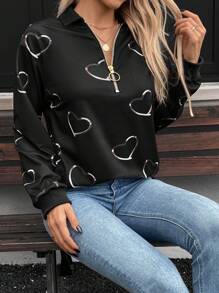 SHEIN LUNE 女士时尚金属拉链爱心印花卫衣套头衫秋季款 - 黑色 - 查看 6