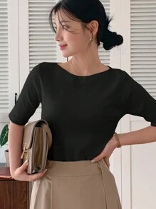 Wynsel Women Solid Color Fitted Elegant Knit Sweater Top - Black - View 3