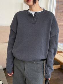 DAZY Women's Solid Color Button Front Half Placket Long Sleeve Casual Pullover Sweater, Autumn/Winter - Grey - View 8