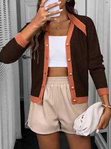 SHEIN LUNE 1pc Women's Contrast Color Trim Front Button Casual Cardigan, Versatile Long Sleeve - Coffee Brown - View 3