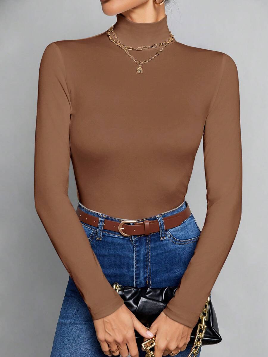 SHEIN Tall Simple Solid Color Slim High Collar White Top Suitable For Autumn And Winter - Brown - View 1