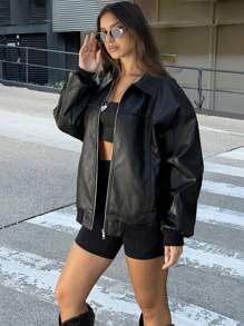 纯色前拉链长袖复古PU夹克 - 黑色 - 查看 4