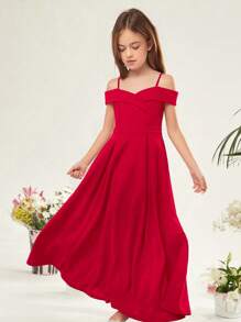 SHEIN Leap Crew Váy dự tiệc không tay dây mảnh quyến rũ thanh lịch cho bé gái tuổi mới lớn, dành cho Giáng sinh - Đỏ - Xem 7