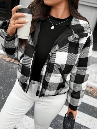 SHEIN LUNE Plus Size Women's Plaid Print Long Sleeve Zipper Collar Casual Hooded Padded Coat Winter For Women Winter Coat Women Holiday Thermal