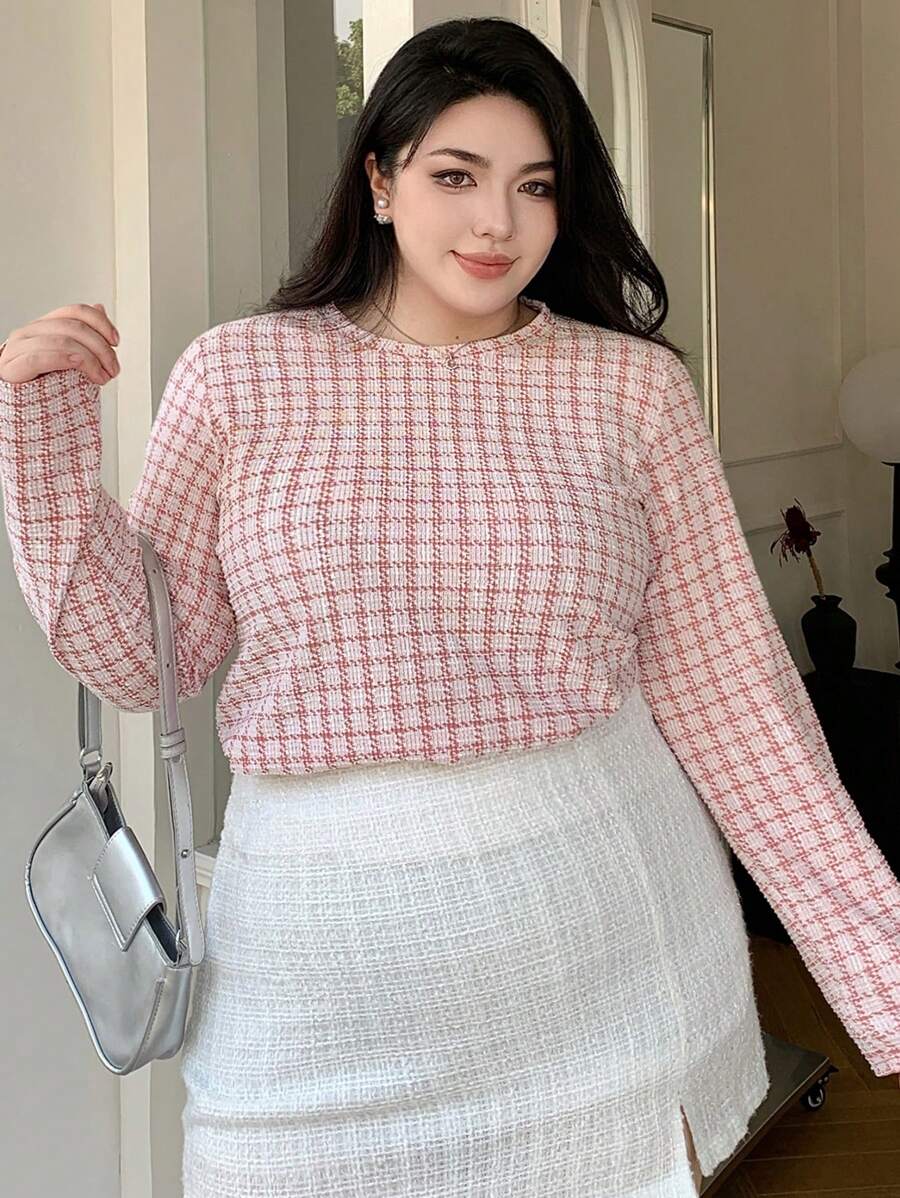 Dazy Plus Plaid Crew Neck Figure Flattering Long Sleeve T-Shirt, Casual Everyday Wear, Spring/Summer - Pink - View 1