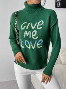 Chiquease Suéter casual de mujer con estampado de letras y cuello alto, para otoño/invierno, jersey de punto - Verde Oscuro - Ver 1