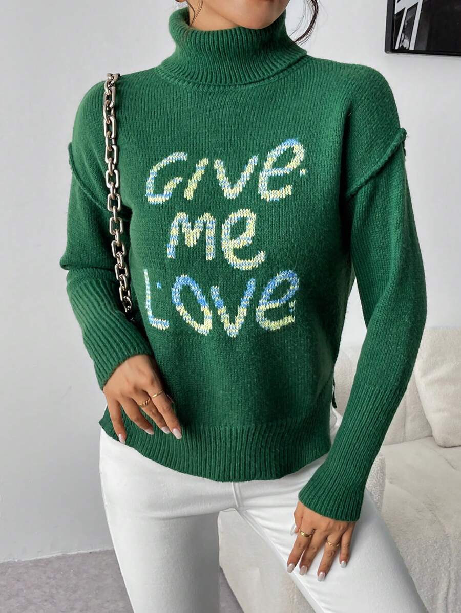 Chiquease Suéter casual de mujer con estampado de letras y cuello alto, para otoño/invierno, jersey de punto - Verde Oscuro - Ver 1