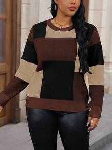 Calvaya Áo len dệt kim cổ tròn tay dài màu tương phản cỡ lớn cho nữ, quần áo thu đông - màu nâu - Xem 5