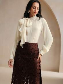 Anewsta 女式高领长袖系带袖口优雅别致通勤衬衫，带蝴蝶结