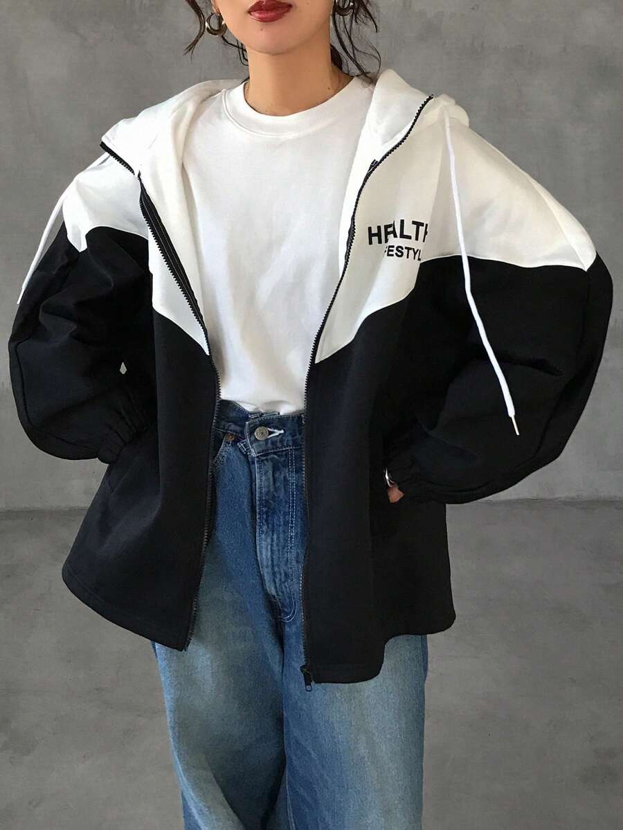 FRIFUL 女士长款宽松拼接字母印花开襟连帽卫衣，长袖上衣，秋季女装外套拉链连帽衫 - 黑與白 - 查看 1