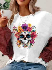 SHEIN LUNE Áo thun nữ tay ngắn cổ tròn in hình đầu lâu giản dị, phù hợp cho mùa hè - trắng - Xem 3