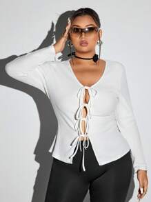 SHEIN ICON Plus Size Women's Solid Color Long Sleeve Casual Front Tie Top, Autumn - White - View 6