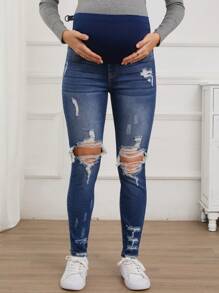 SHEIN Maternity Casual Daily Distressed Skinny Jeans, Spring/Autumn