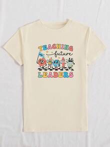 SHEIN Essnce 教师节礼物老师领袖圆领短袖休闲T恤 - 杏色 - 查看 3