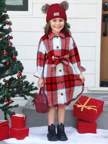 SHEIN Young Girls' Plaid Oversized Drop Shoulder Mid-Length Coat With Belt, Warm And Long Sleeve, Great For Casual & Daily Wear & School Daily In Autumn & Winter, For Christmas, Party Wear, Fashion Girls - Multicolor - View 1