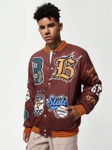 Parte superior casual simple con manga larga, botones delanteros, estampado de letras y unicolor entrelazado para adolescentes varones - Marrón - Ver 5