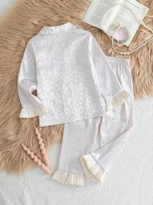 SHEIN 2pcs Girls Leopard Jacquard Lapel Ruffle Long Sleeve Pants Sleepwear Set - Multicolor - View 2