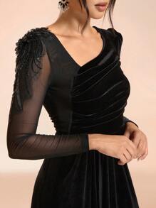 SHEIN Belle Vestido de noche formal y elegante con cuello asimétrico, mangas largas, volantes y dobladillo dividido para mujeres, color negro, ideal para graduación, cena