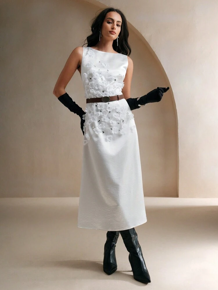 Women 3D Flower Decor Satin Long Dress, Round Neck Sleeveless Elegant Dress