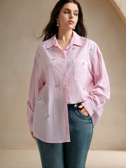 Anewsta 1pc Plus Size Women French Design Elegant Casual Fashionable Pink Striped Handmade Crystal Embellished Blouse Women Shirt