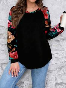 SHEIN LUNE 大码女式花卉图案休闲插肩袖圆领宽松 T 恤，适合秋冬季圣诞女装 - 彩色 - 查看 4