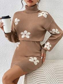 Chiquease Vestido de malha com estampa floral romântica francesa e cintura alta - Caqui - Ver 5